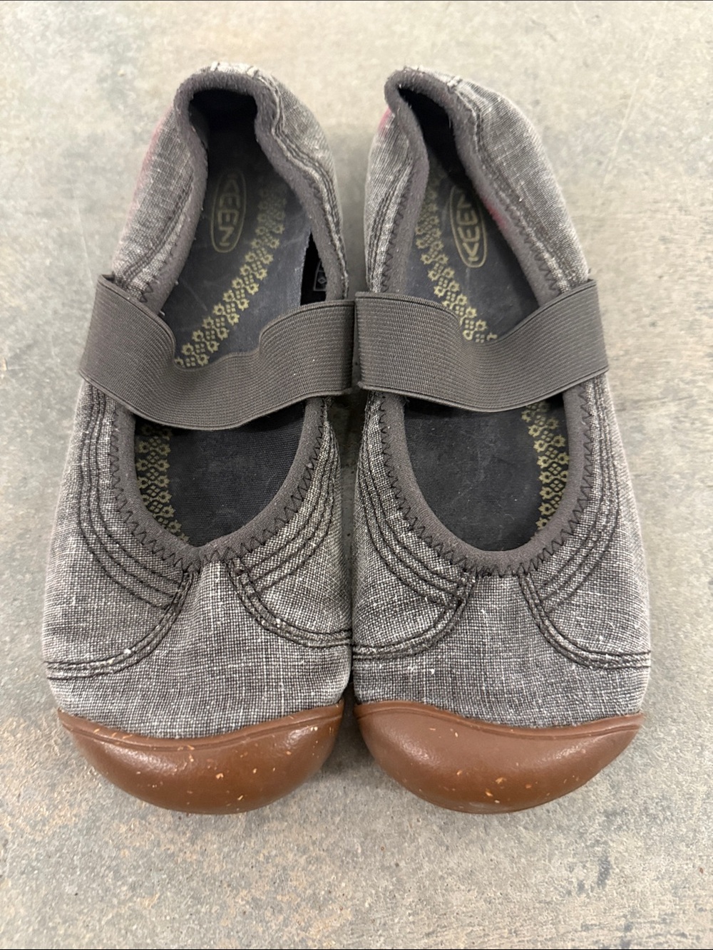 KEEN Gray Canvas Slip-On Mary Jane Flats with Brown Toe